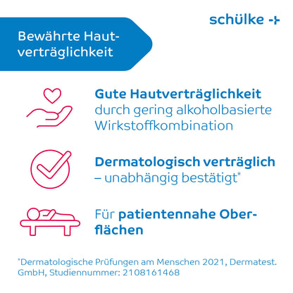Un texte allemand avec des symboles bleus et roses fait la promotion de la prévention des infections, avec un cœur et une main illustrant « Bonne tolérance cutanée...Combinaison de substances actives » pour la sécurité. Une coche confirme qu'il est « Dermatologiquement testé...approuvé* ». Une icône de lit pour les surfaces proches des patients. Références aux lingettes universelles mikrozid® de Schülke.