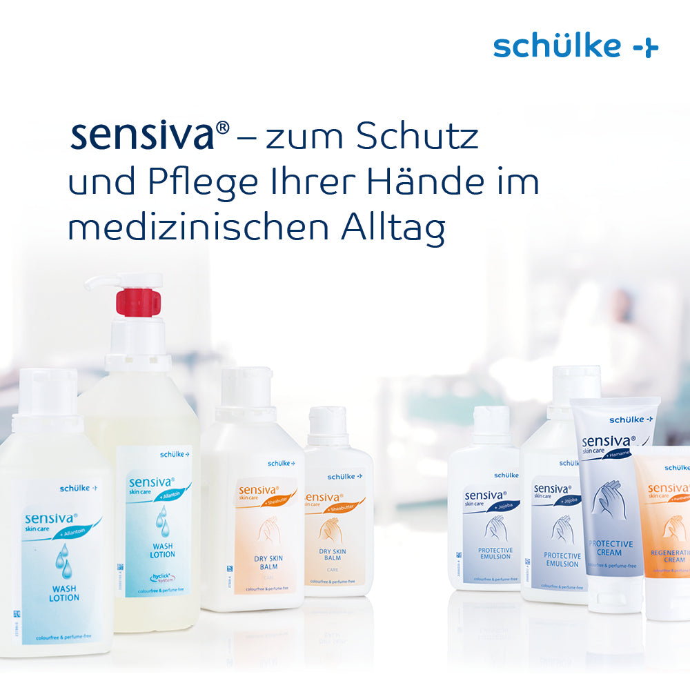 Devant un fond blanc, une sélection de produits de soin des mains médicaux de la marque Schülke & Mayr GmbH est présentée. Les produits comprennent une lotion lavante, un baume pour la peau et une crème protectrice, tous sans colorant ni parfum. Le texte en allemand souligne le soin intensif et la protection des peaux sèches dans le domaine médical. L'un des produits présentés est le baume pour peau sèche Schülke sensiva®.