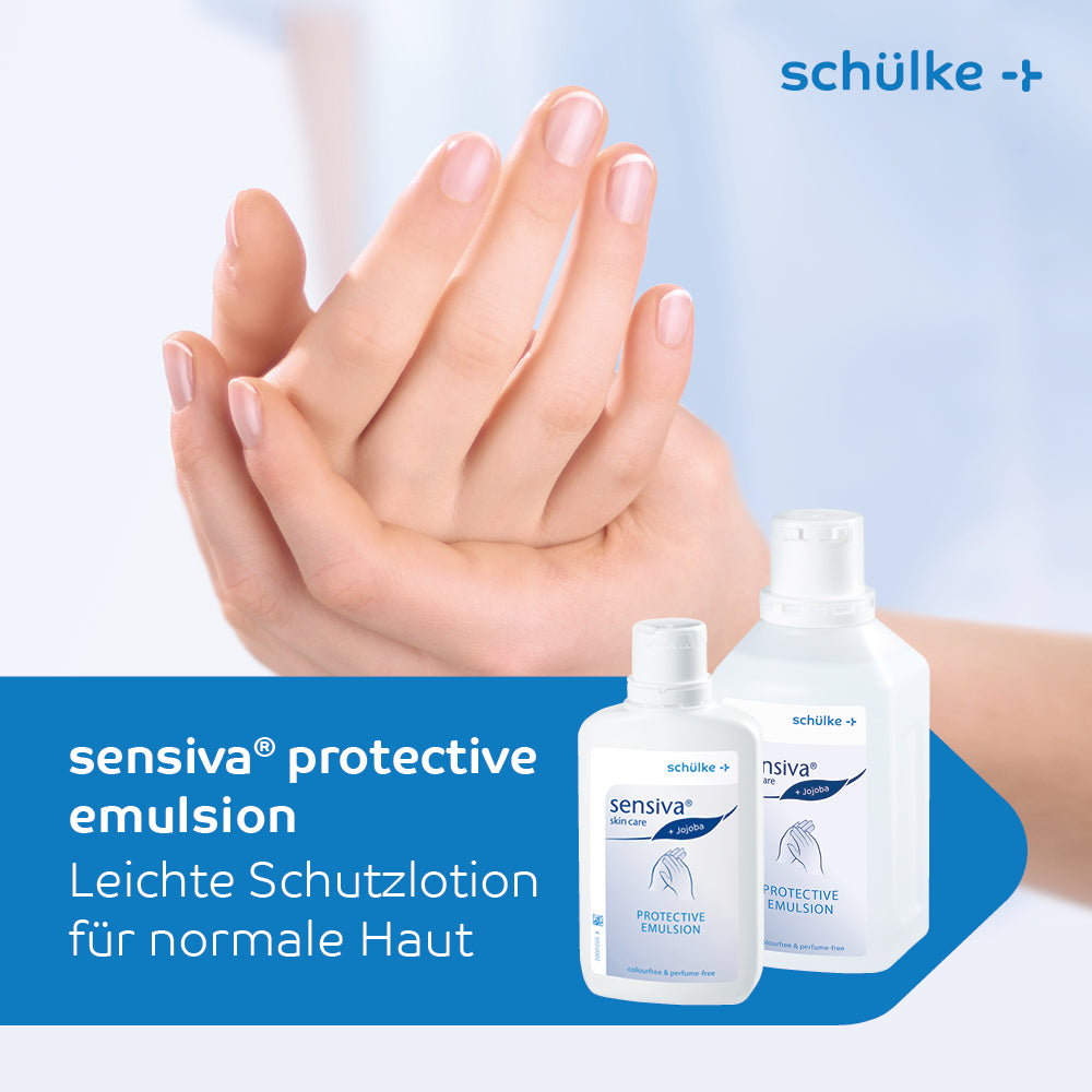 Un gros plan des mains d'une personne appliquant de la lotion. En bas, deux bouteilles d'« émulsion protectrice Schülke sensiva® » avec le logo de Schülke & Mayr GmbH sont visibles. Le texte dit : « émulsion protectrice Schülke sensiva® avec huile de jojoba, lotion protectrice légère sans parfum pour peau normale ».