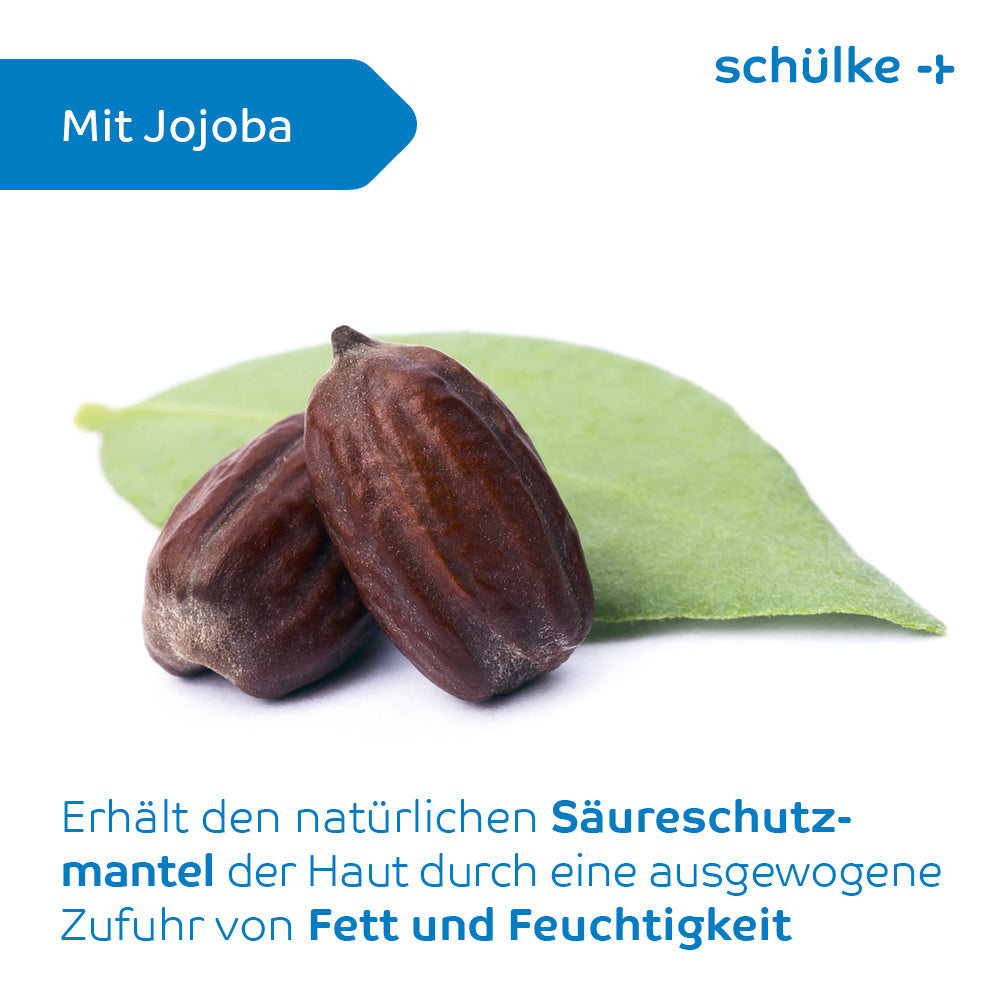 Deux graines de jojoba reposent sur une feuille verte sur fond blanc. L'image contient un texte allemand décrivant les avantages de l'émulsion protectrice Schülke sensiva® pour maintenir la barrière acide de la peau avec un apport équilibré en graisses et en humidité, similaire à la lotion protectrice sans parfum. La marque « Schülke & Mayr GmbH » apparaît en bleu.