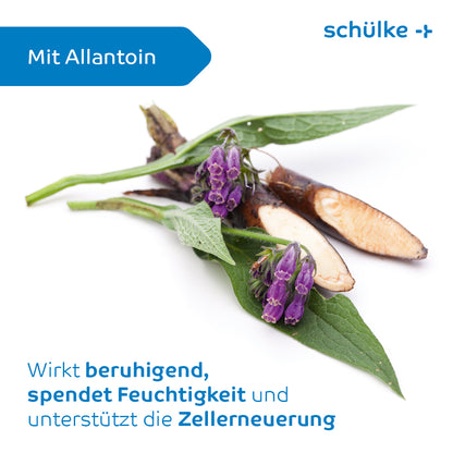 Sur un fond blanc est représenté un segment de plante avec des fleurs violettes. Le texte allemand à côté décrit son effet apaisant, ses propriétés hydratantes et son soutien à la régénération cellulaire. Le produit, Sensiva® lotion lavante de Schülke & Mayr GmbH, contient de l'allantoïne, est respectueux de la peau et sans colorant ni parfum.