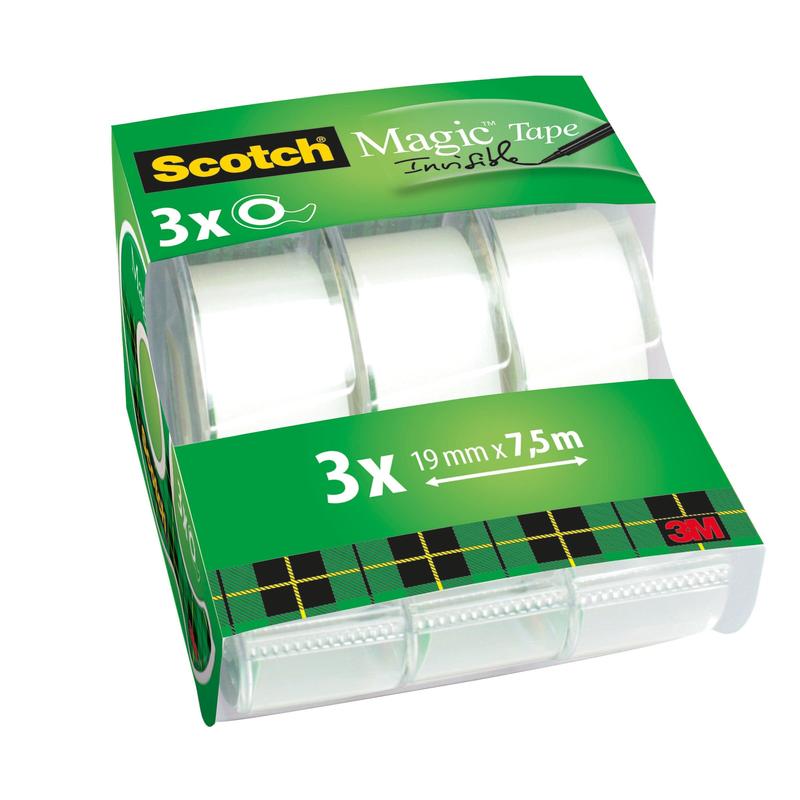 Ruban invisible Scotch® Magic™ 3 rouleaux 19 mm x 7,5 m avec distributeur manuel | Paquet (3 rouleaux)