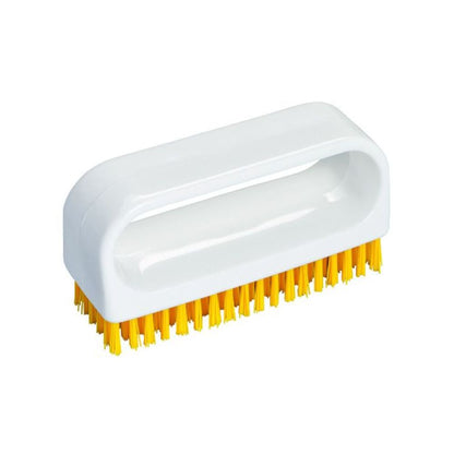 La brosse à ongles Haug avec poignée de Haug Bürsten KG est une brosse à récurer rectangulaire blanche avec une poignée ouverte et des poils orange vif, idéale pour une utilisation professionnelle et assurant une hygiène impeccable pour diverses exigences de nettoyage. Dimensions : 90x30x50 mm.