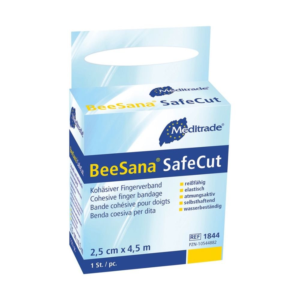 L'image montre un bandage pour doigt BeeSana© SafeCut de Meditrade GmbH dans un emballage bleu et jaune avec l'inscription « Fingerverband » et « sans latex ». Il mesure 2,5 cm x 4,5 m avec un rouleau à l'intérieur, contient du texte multilingue et porte le numéro de référence 1844 pour les besoins de protection des plaies.