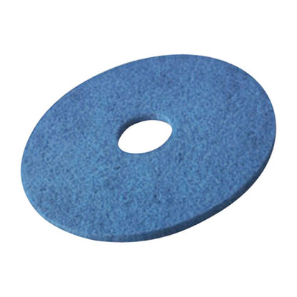 L'image montre un tampon rond bleu avec un trou au centre, similaire aux disques de sol Vileda Professional DynaCross Superpads de Vileda GmbH. Il est idéal pour le polissage et le nettoyage des sols et possède une surface texturée, parfaite pour un entretien intensif des sols, garantissant un nettoyage efficace et une stabilité améliorée des machines.
