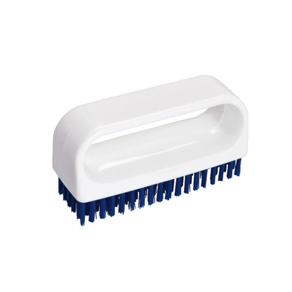 La brosse à ongles Haug avec poignée de Haug Bürsten KG est une brosse à main blanche avec une poignée rectangulaire et des poils bleus, idéale pour maintenir une hygiène impeccable dans un environnement professionnel.