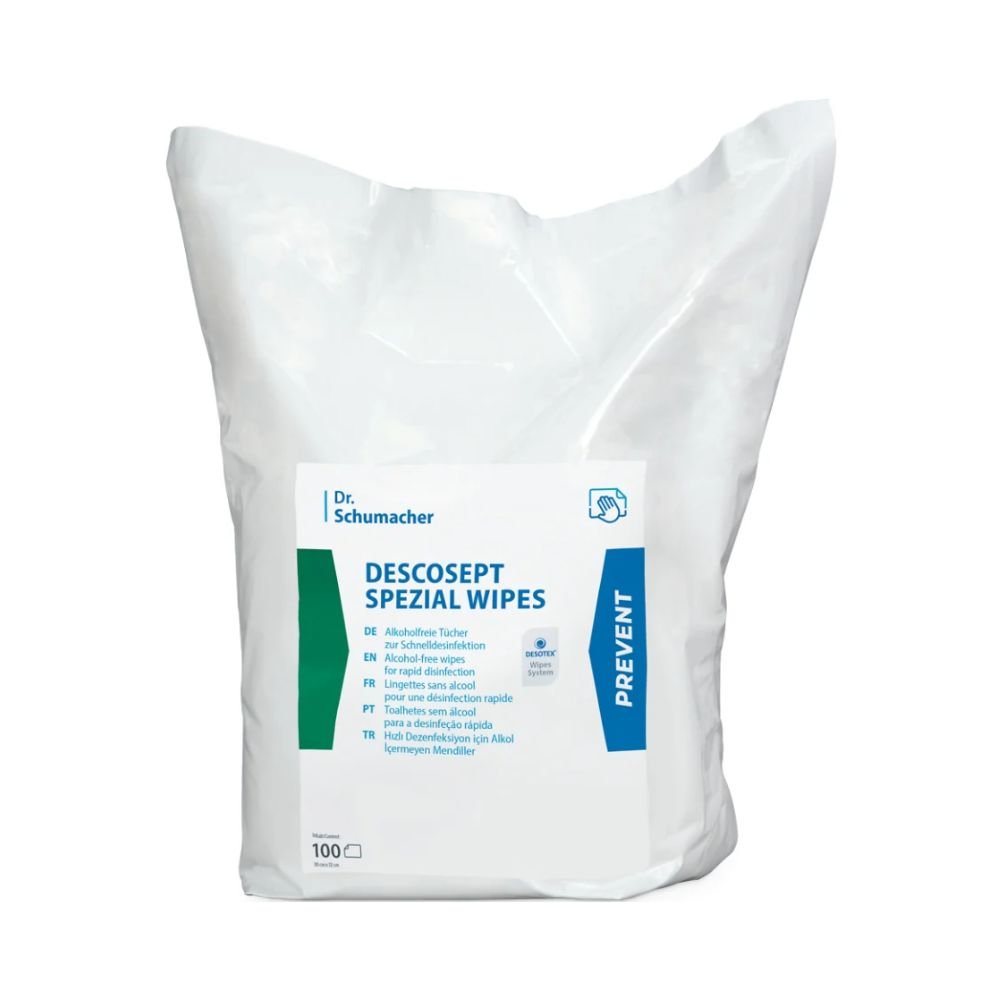 Les DESCOSEPT SPEZIAL WIPES de Dr. Schumacher GmbH sont livrées dans un emballage en plastique blanc et bleu avec 100 lingettes désinfectantes et disposent d'un mode d'emploi multilingue indiquant que ces lingettes désinfectantes sont des produits médicaux indispensables pour une propreté approfondie.