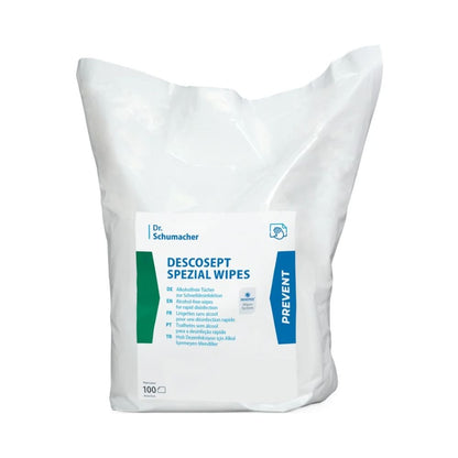 Les DESCOSEPT SPEZIAL WIPES de Dr. Schumacher GmbH sont livrées dans un emballage en plastique blanc et bleu avec 100 lingettes désinfectantes et disposent d'un mode d'emploi multilingue indiquant que ces lingettes désinfectantes sont des produits médicaux indispensables pour une propreté approfondie.