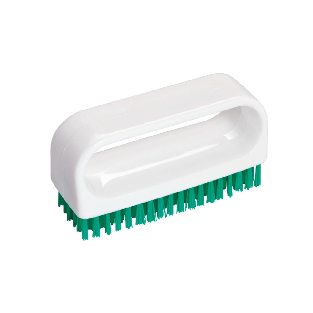 La brosse à ongles Haug avec poignée de Haug Bürsten KG est une brosse à main en plastique blanc avec des poils verts et une poignée ovale avec un centre creux pour une prise facile, idéale pour les applications d'hygiène professionnelle. Dimensions : 90 x 30 x 50 mm.