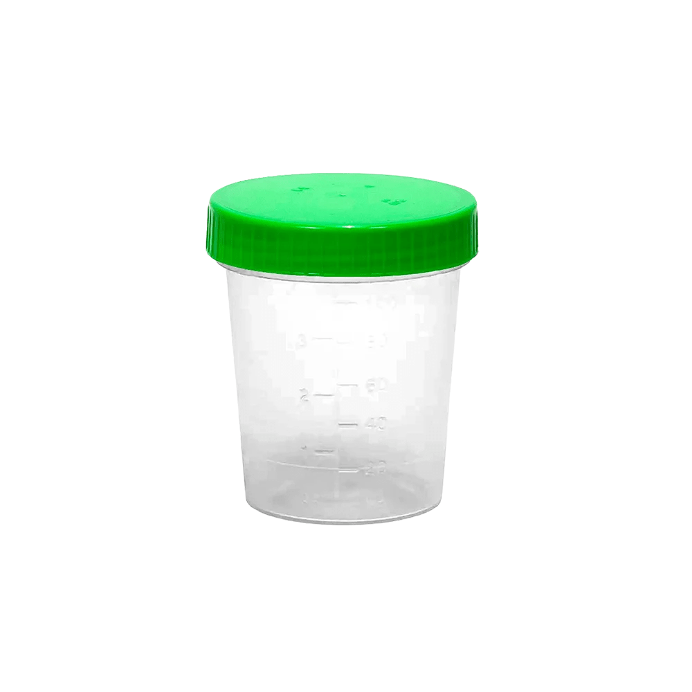 Un conteneur en plastique transparent en polypropylène avec un couvercle à vis vert pour des applications médicales, avec des marques de mesure latérales et sans contenu.