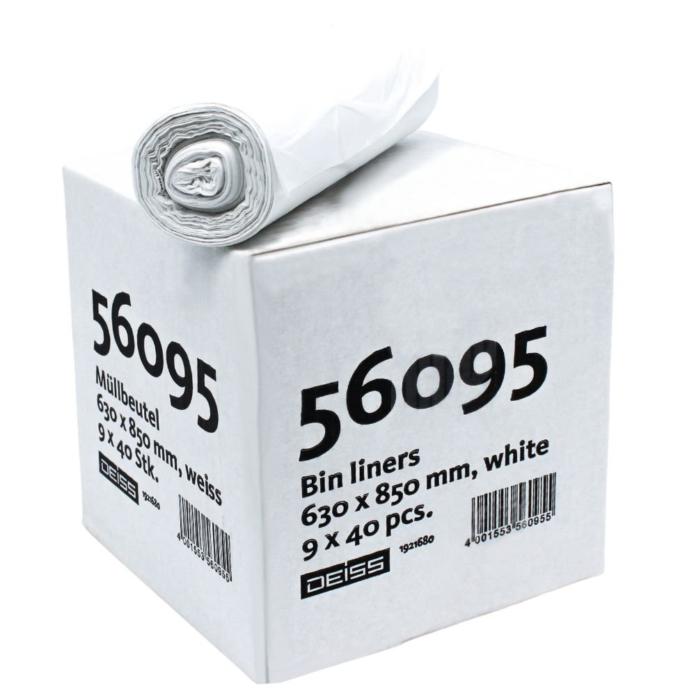 Une boîte blanche avec un rouleau de sacs-poubelle, étiquetée « 56095 sacs-poubelle 630 x 850 mm, blanc 9 x 40 pièces » et fabriquée en matériau de sac-poubelle HDPE par EMIL DEISS KG (GmbH + Co.). Chaque sac a une capacité de 80 litres, idéal pour le recyclage.