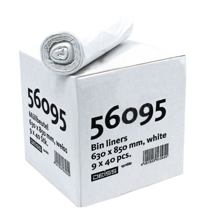 Une boîte blanche avec un rouleau de sacs-poubelle, étiquetée « 56095 sacs-poubelle 630 x 850 mm, blanc 9 x 40 pièces » et fabriquée en matériau de sac-poubelle HDPE par EMIL DEISS KG (GmbH + Co.). Chaque sac a une capacité de 80 litres, idéal pour le recyclage.