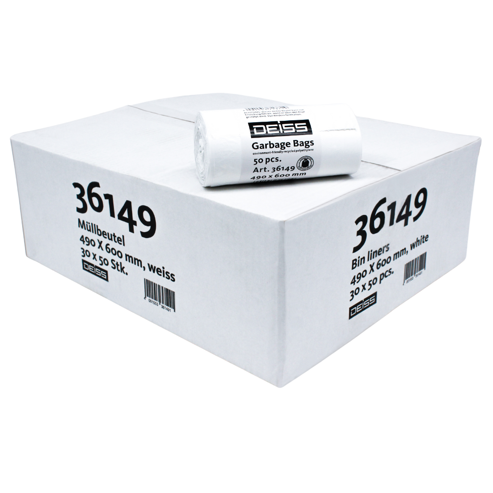 Ein Karton mit der Aufschrift „36149“ enthält Rollen weißer Müllbeutel LDPE 30 Liter von Emil Deiss KG DEISS, wobei auf dem Etikett die genauen Abmessungen und Mengen angegeben sind.