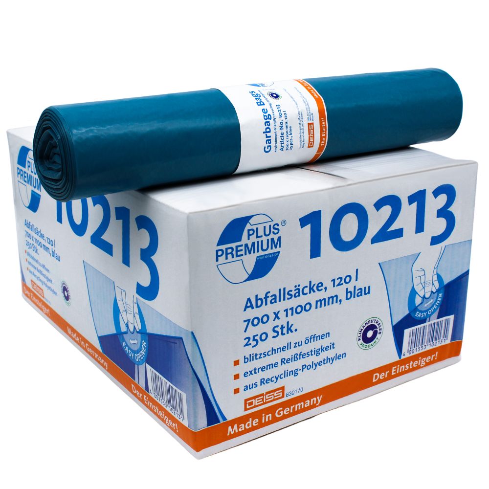 Dans un carton portant l'inscription « DEISS Premium Plus® Type-60 Sacs poubelle 10213 » et la spécification allemande se trouvent des sacs poubelle bleus climatiquement neutres en matériau recyclé. En haut, un rouleau de sacs est illustré. Les sacs ont une capacité de 120 litres, et le carton en contient 250 pièces. Fabriqué par EMIL DEISS KG (GmbH + Co.) en Allemagne.