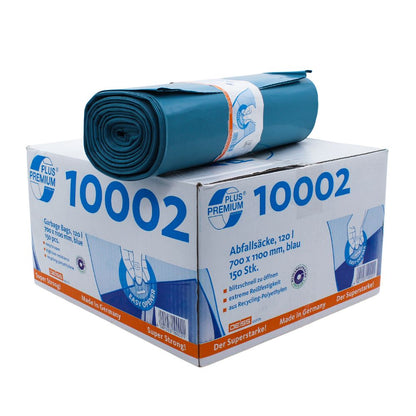 Un rouleau de sacs poubelle bleus repose sur un carton portant l'inscription « DEISS Premium Plus® extrêmement résistant à la déchirure, sacs poubelle lourds 10002 », d'une capacité de 120 litres et mesurant 700 x 1100 mm. Les 150 sacs de EMIL DEISS KG (GmbH + Co.) en PE recyclé sont climatiquement neutres et offrent une durabilité exceptionnelle grâce à leur construction résistante à la perforation et à la déchirure.