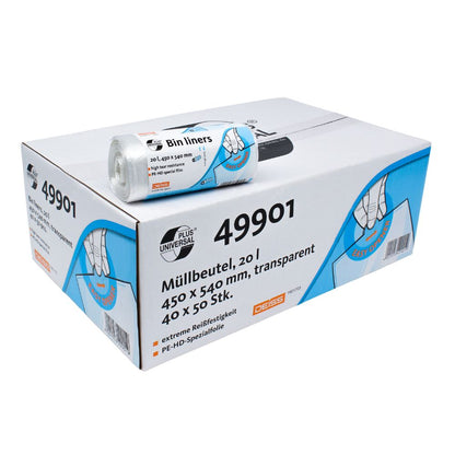 Einem Karton mit der Aufschrift „DEISS Universal Plus® Müllbeutel 20 Liter, 49901“ liegt eine Rolle transparenter Müllbeutel bei. Diese strapazierfähigen 20-Liter-Beutel haben die Maße 450 x 540 mm und bestehen aus HDPE-Spezialfolie. Die Verpackung hebt die DEISS Universal Plus-Funktionen in mehreren Sprachen hervor und wurde von EMIL DEISS KG (GmbH + Co.) hergestellt.