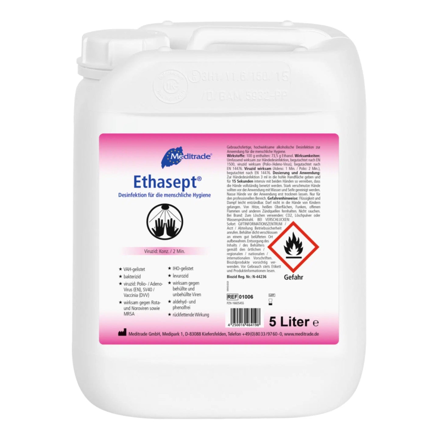 Un bidon de 5 litres en plastique blanc avec du désinfectant pour les mains Meditrade Ethasept® avec des étiquettes en langue allemande. Les caractéristiques incluent des symboles d'avertissement rouges pour l'inflammabilité et les dangers pour la santé ainsi que