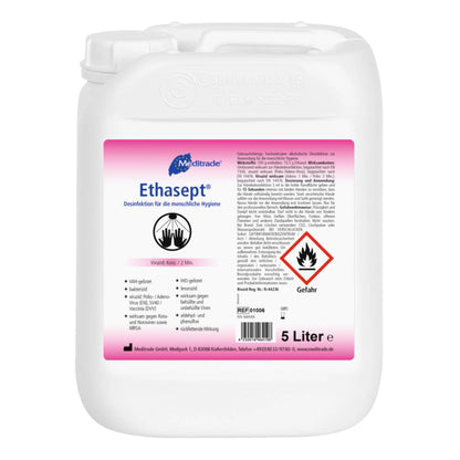 Un bidon de 5 litres en plastique blanc avec du désinfectant pour les mains Meditrade Ethasept® avec des étiquettes en langue allemande. Les caractéristiques incluent des symboles d'avertissement rouges pour l'inflammabilité et les dangers pour la santé ainsi que