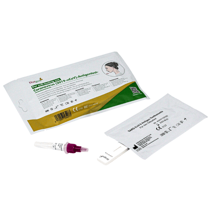 Le kit Hotgen Sars-CoV-2 Antigen Laien Schnelltest CE0123 de la marque Hotgen contient un test par paquet, une bandelette de test scellée, un petit flacon avec un bouchon violet et une notice d'utilisation avec des accents verts et jaunes.