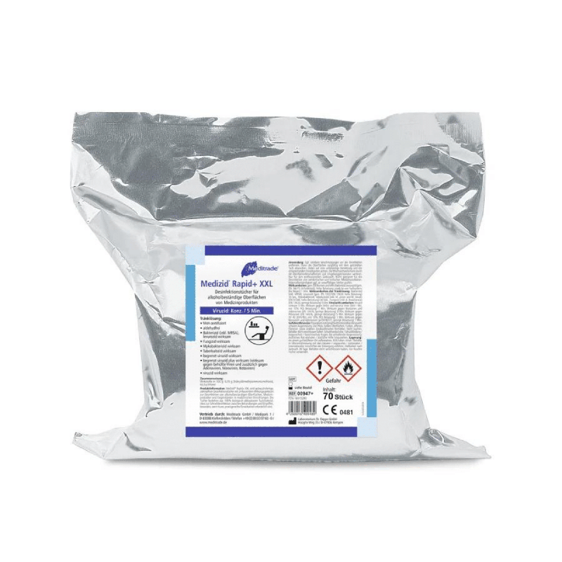 Un sachet plastique métallique scellé avec l'inscription « Meditrade Medizid® Rapid+ Lingettes désinfectantes » avec 750 grammes de lingettes désinfectantes, avec des détails imprimés et des symboles de sécurité, principalement en bleu et blanc.