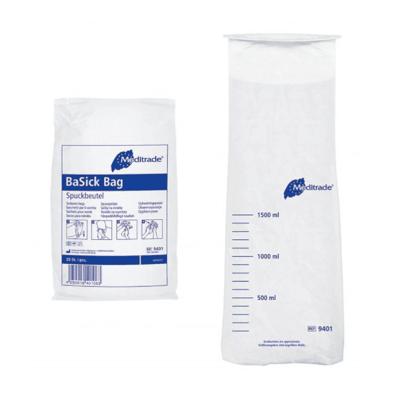 Deux vues d'un paquet de sacs à vomi Meditrade GmbH Meditrade BaSick (25 sacs), un sac à vomi en polyéthylène de 1000 ml avec inscription bleue, montrant le design avant et arrière, avec texte et utilisation.