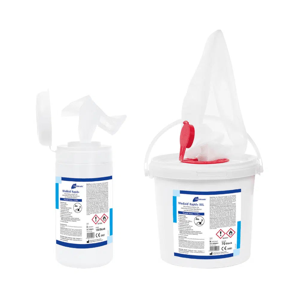 Deux conteneurs de lingettes désinfectantes Medizid® Rapid+ de Meditrade GmbH; l'un fermé avec couvercle et buses, l'autre ouvert avec les lingettes désinfectantes sur fond blanc.